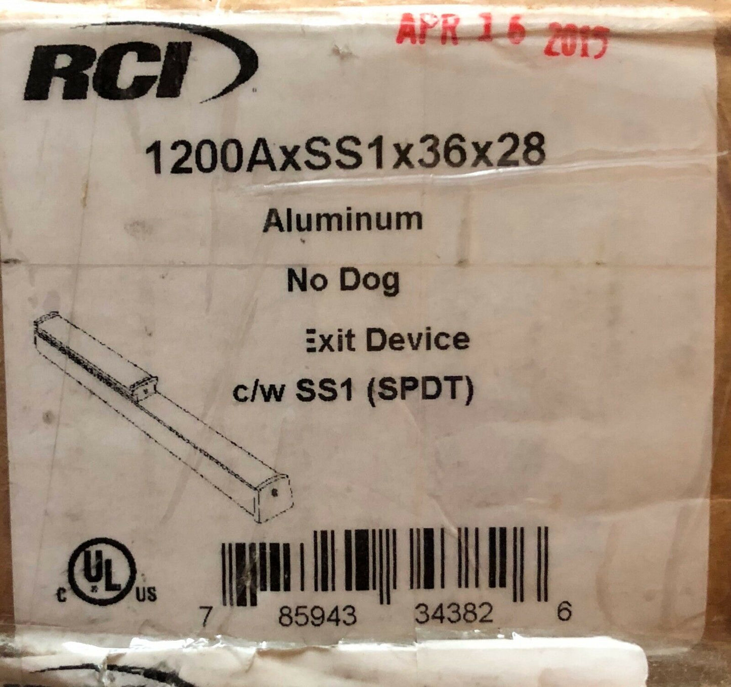 RCI Rutherford Controls Exit bar Panic bar R1200ASS1x36x28 NO DOG SPDT Aluminum