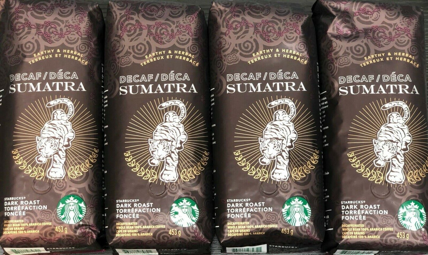 LOT OF 4 1LB Bags Starbucks Decaf Sumatra Whole Bean Dark Roast Arabica Coffee