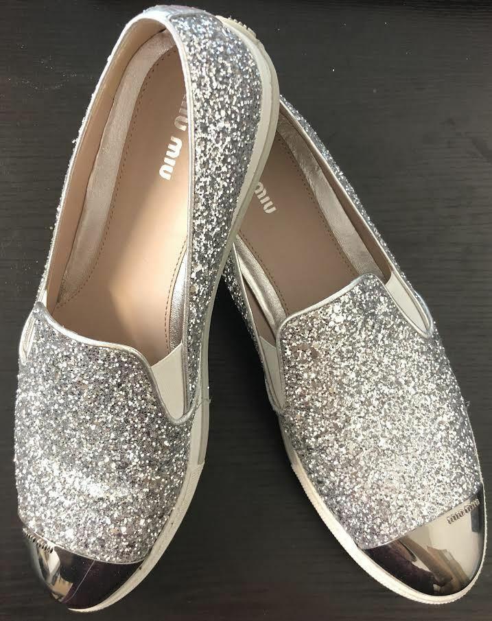 MIU MIU Silver Glitter Metal Toe Slip-On Loafers Women Size 40.5