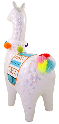 Myxx Ceramic White Iridescent Llama Coin Bank with Pom Pom Tail, 9 1/2 Inch