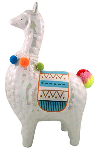 Myxx Ceramic White Iridescent Llama Coin Bank with Pom Pom Tail, 9 1/2 Inch