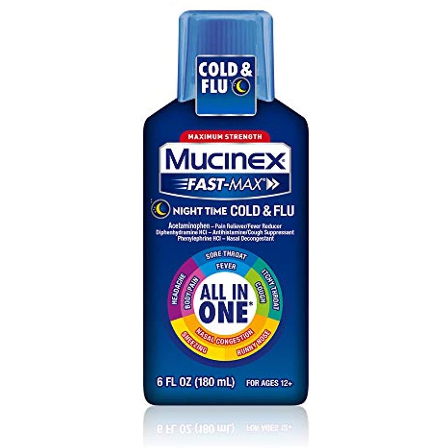 Lot of 6 Mucinex Fast-Max Maximum Strength Night Time Cold And Flu Liquid -6oz