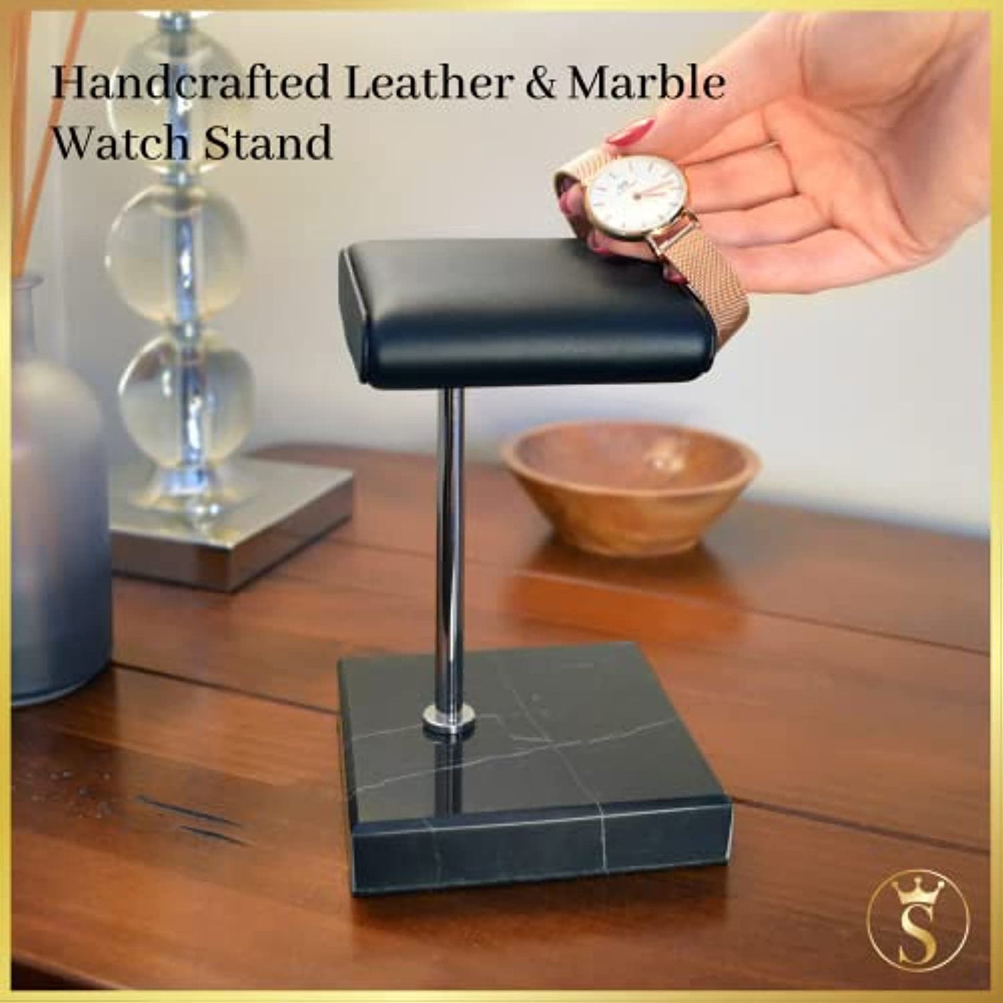 Watch Stand - Black Leather & Marble Watch Stand with Gift Box