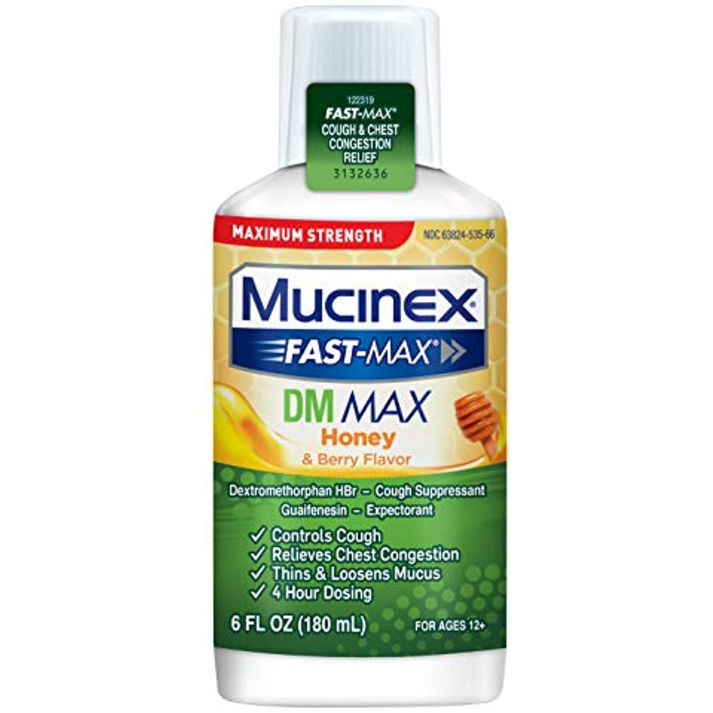 Mucinex Fast-Max Maximum Strength DM MAX, Symptom Relief, Cough Suppressant and Expectorant, Honey & Berry Flavor, 6 FL OZ