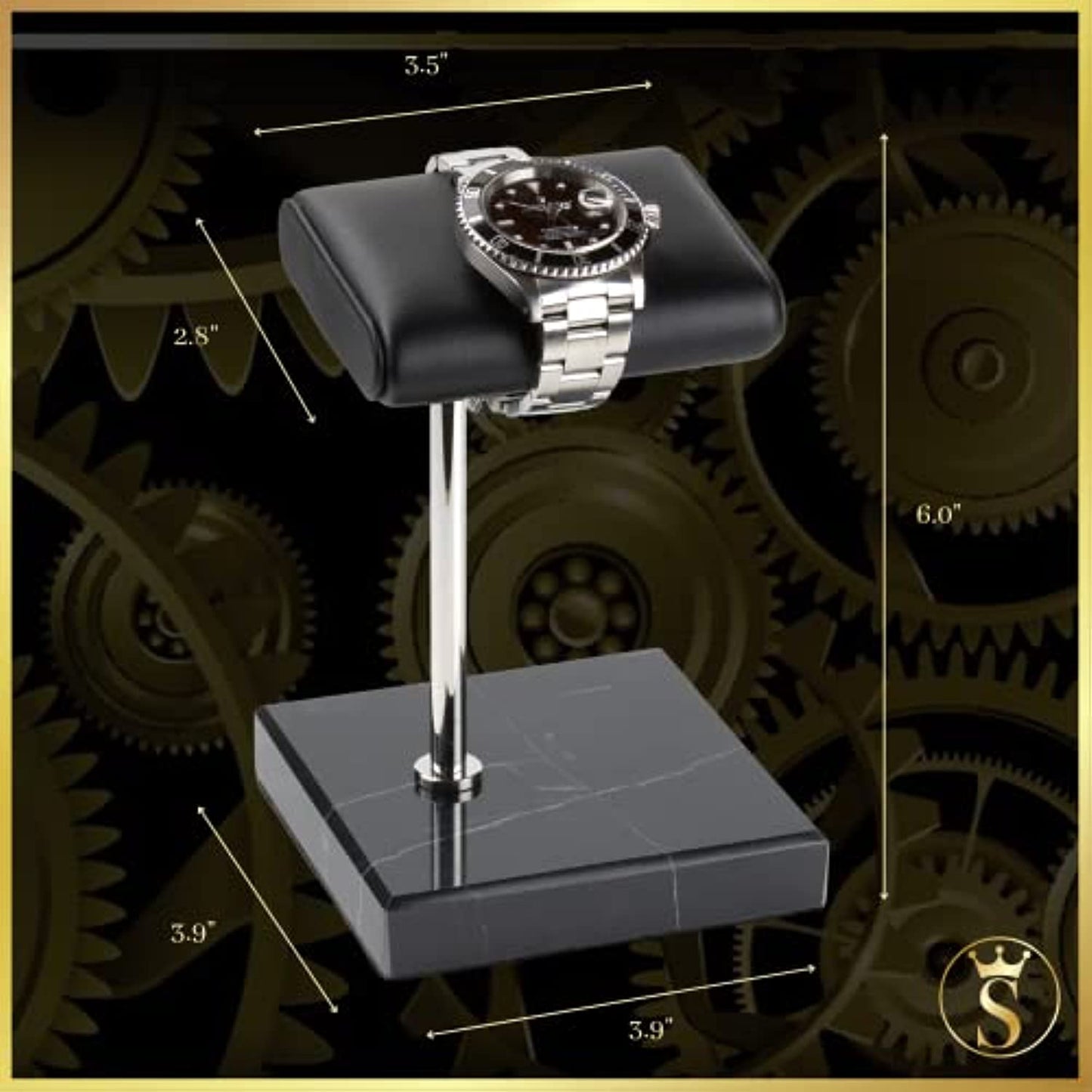 Watch Stand - Black Leather & Marble Watch Stand with Gift Box