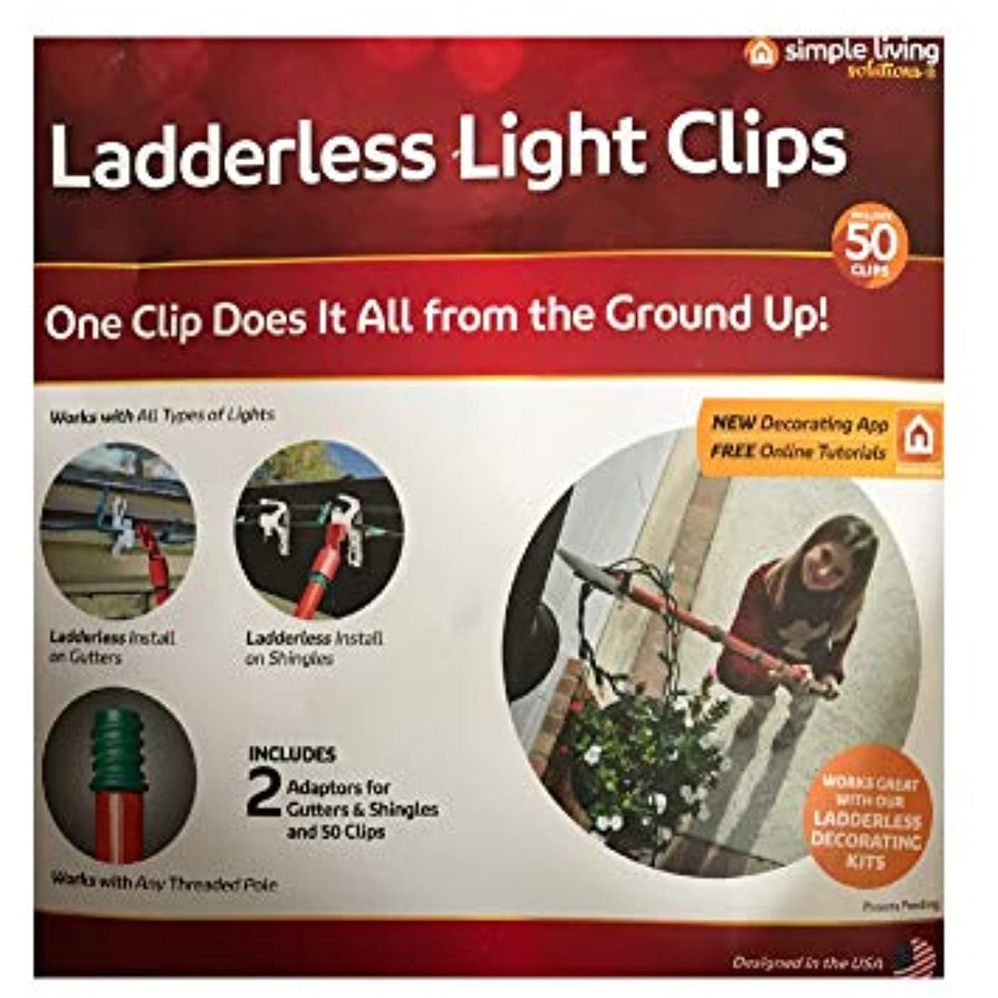 Ladderless Light Clips (50 Count) - Includes 2 Adapters for Gutters and Shingles