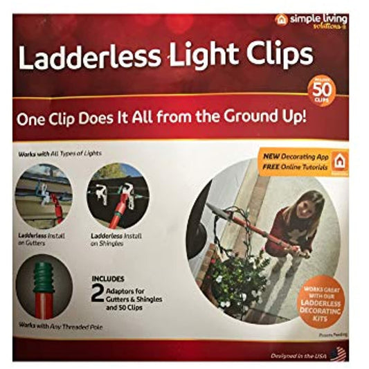 Ladderless Light Clips (50 Count) - Includes 2 Adapters for Gutters and Shingles