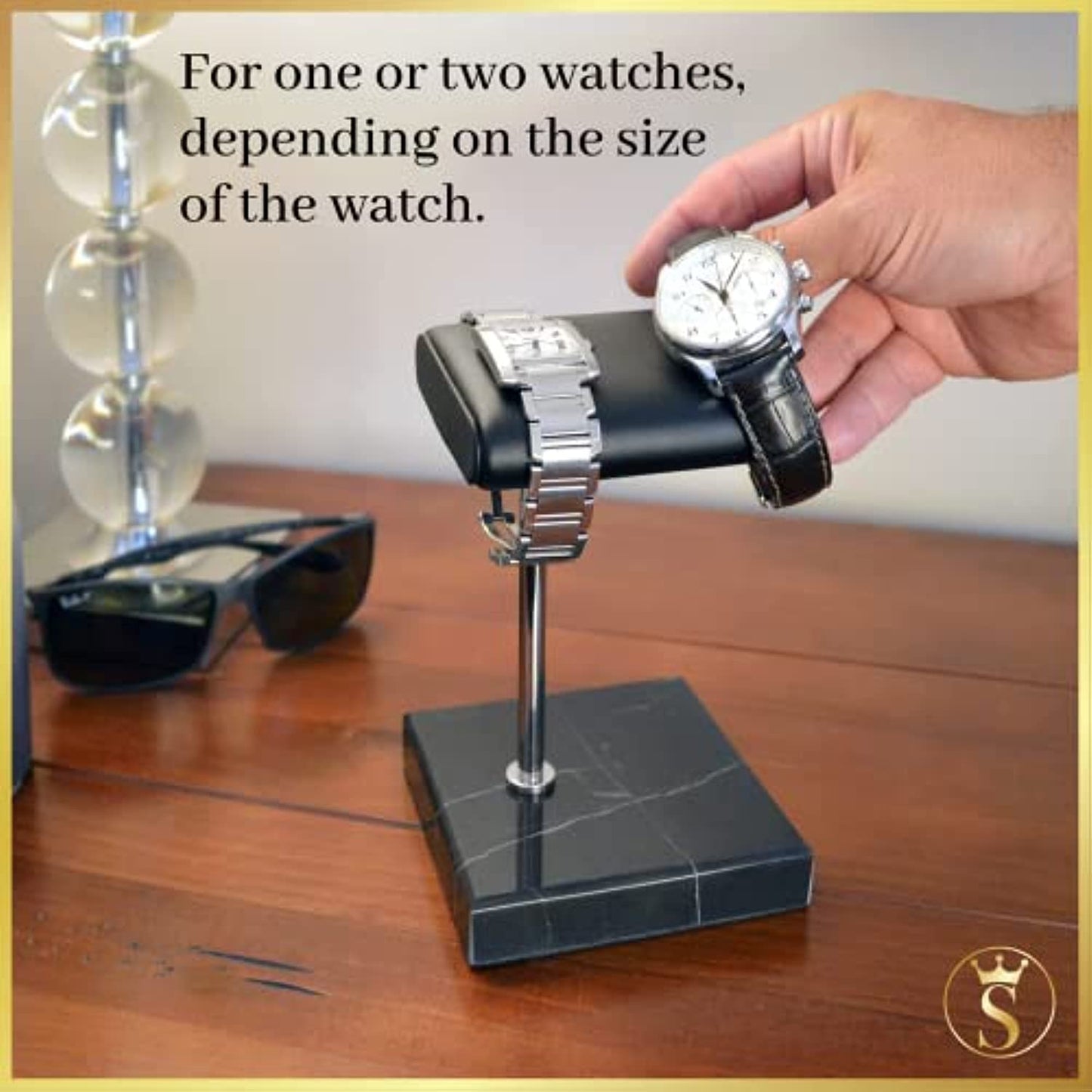 Watch Stand - Black Leather & Marble Watch Stand with Gift Box