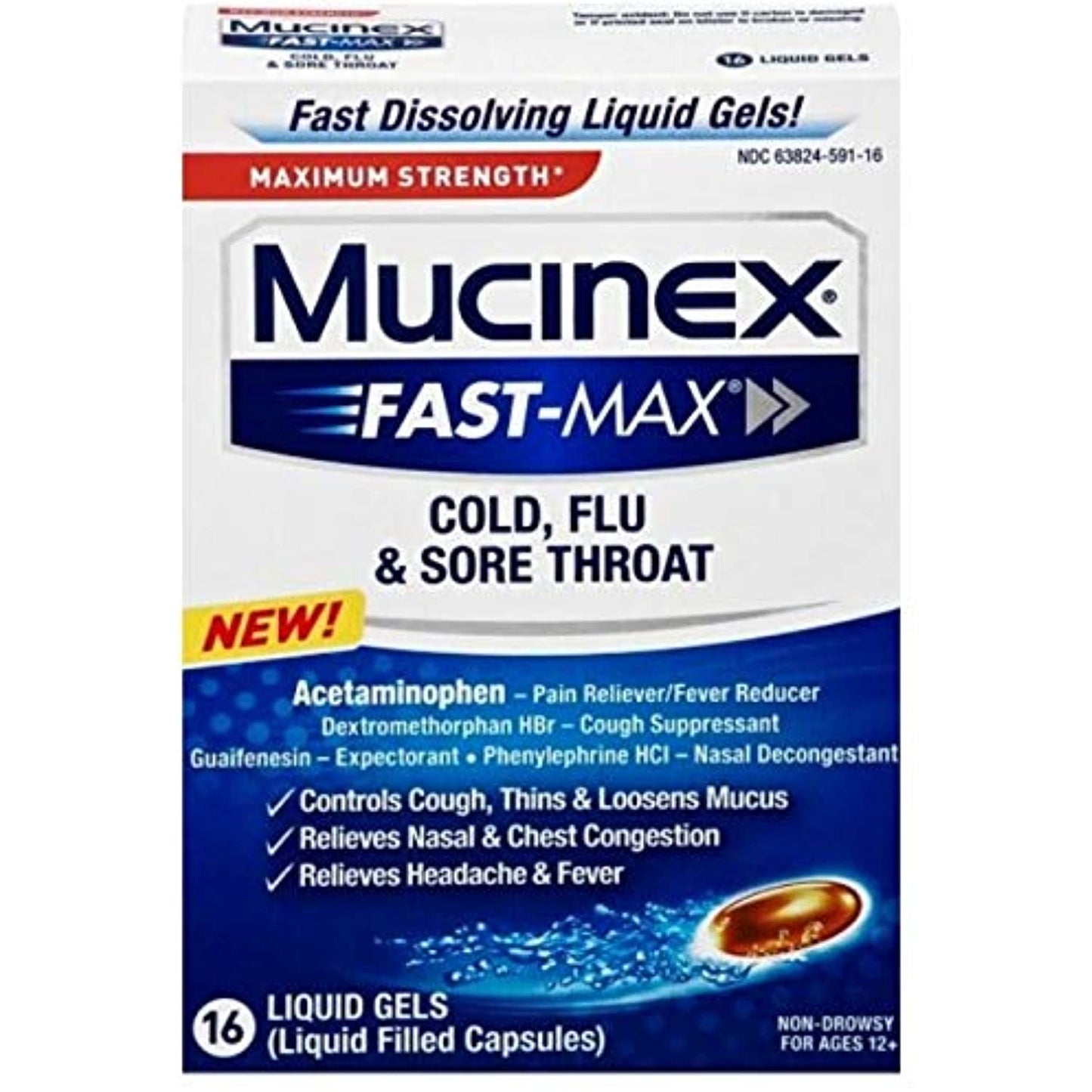 Mucinex Fast-Max Max Strength, Cold, Flu, Sore Throat (Pack of 2/Liquid Gels)