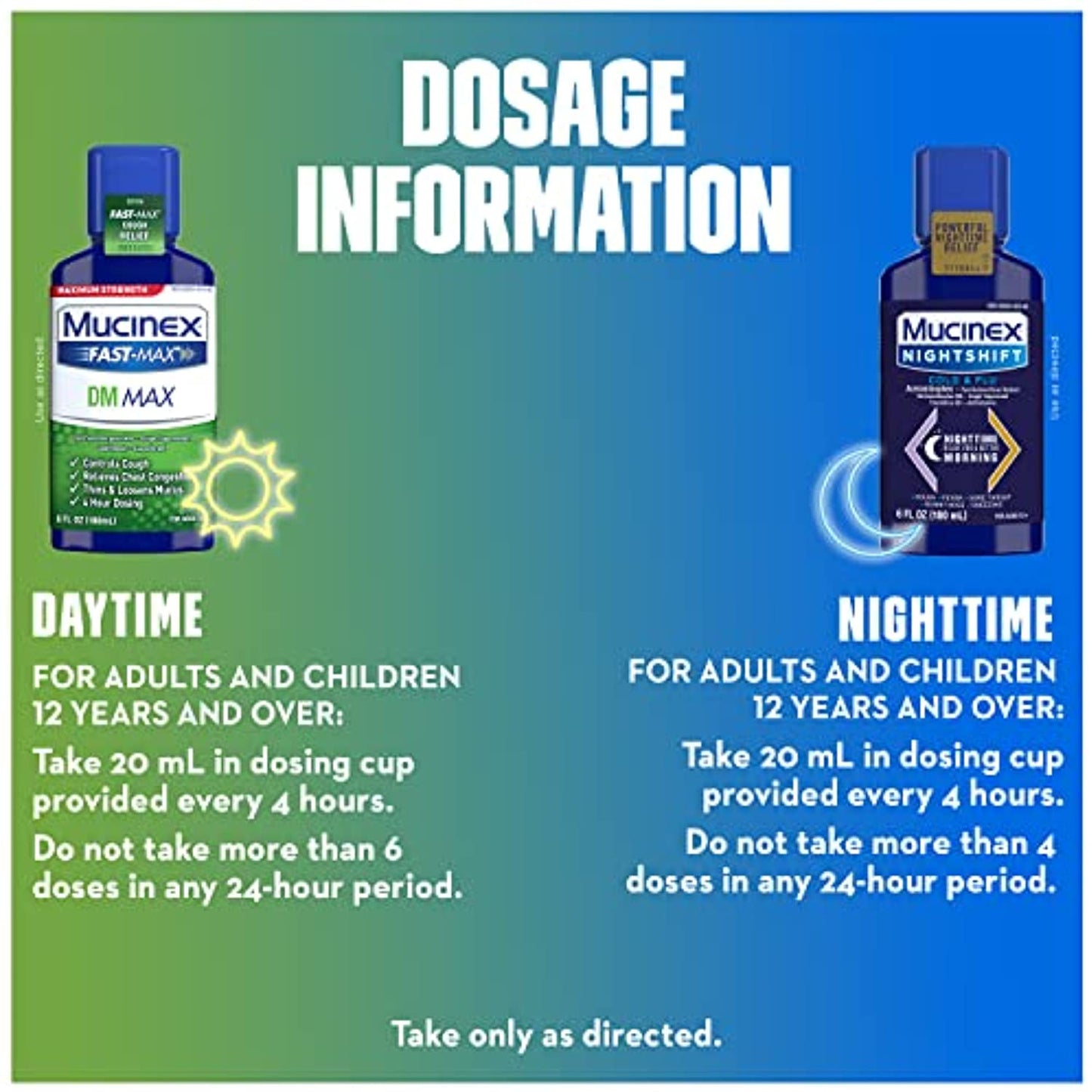 Maximum Strength Mucinex FastMax DM Max & Mucinex Nightshift Cold & Flu Liquid (2 x 6 fl. oz.) Thins & Loosens Mucus, Relieves Cough & Chest Congestion, Pain, Fever, Sneezing, Sore Throat, Runny Nose