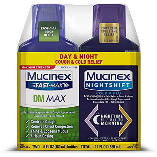 Maximum Strength Mucinex FastMax DM Max & Mucinex Nightshift Cold & Flu Liquid (2 x 6 fl. oz.) Thins & Loosens Mucus, Relieves Cough & Chest Congestion, Pain, Fever, Sneezing, Sore Throat, Runny Nose