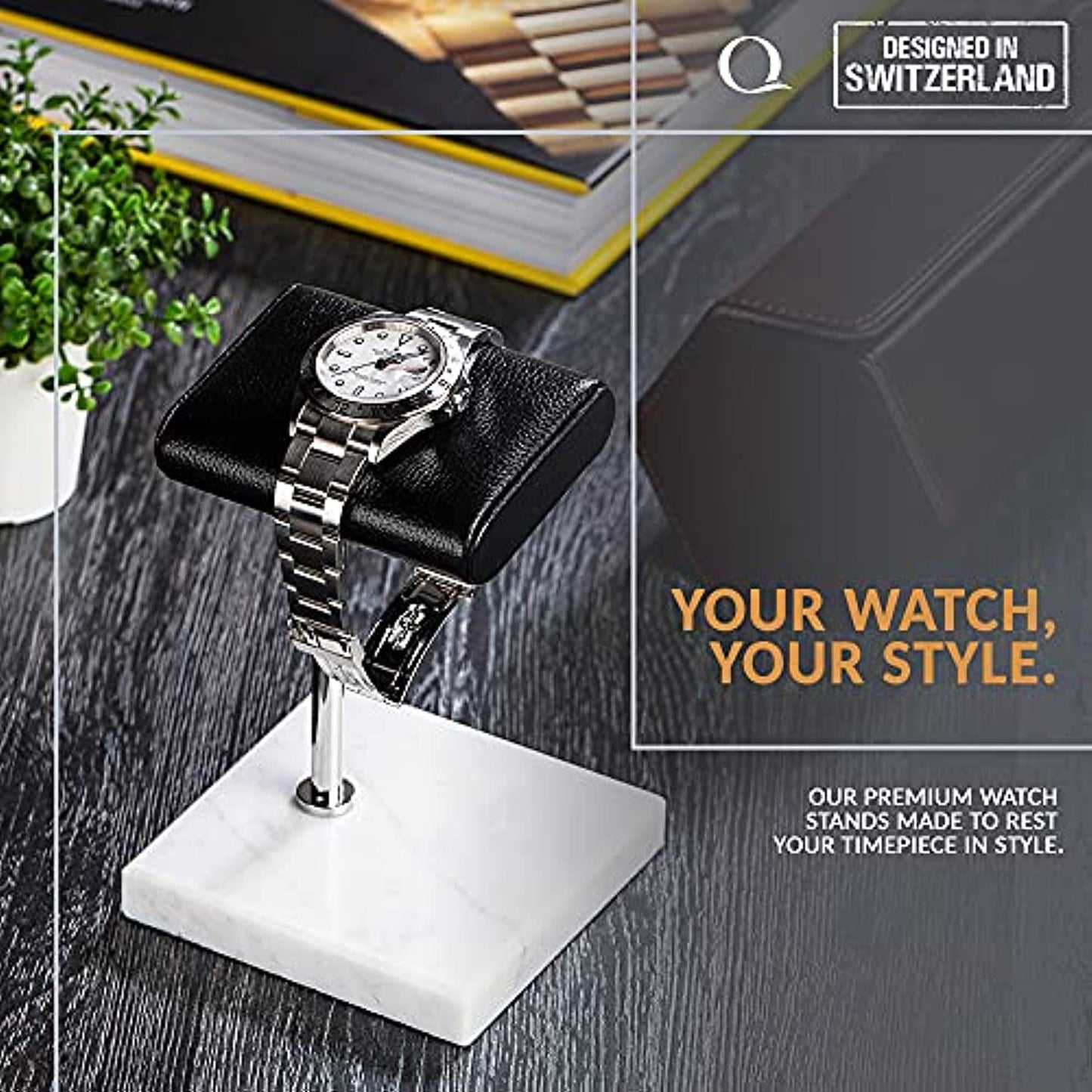 Watch Stand - Black Leather & White Marble Watch Stand with Gift Box