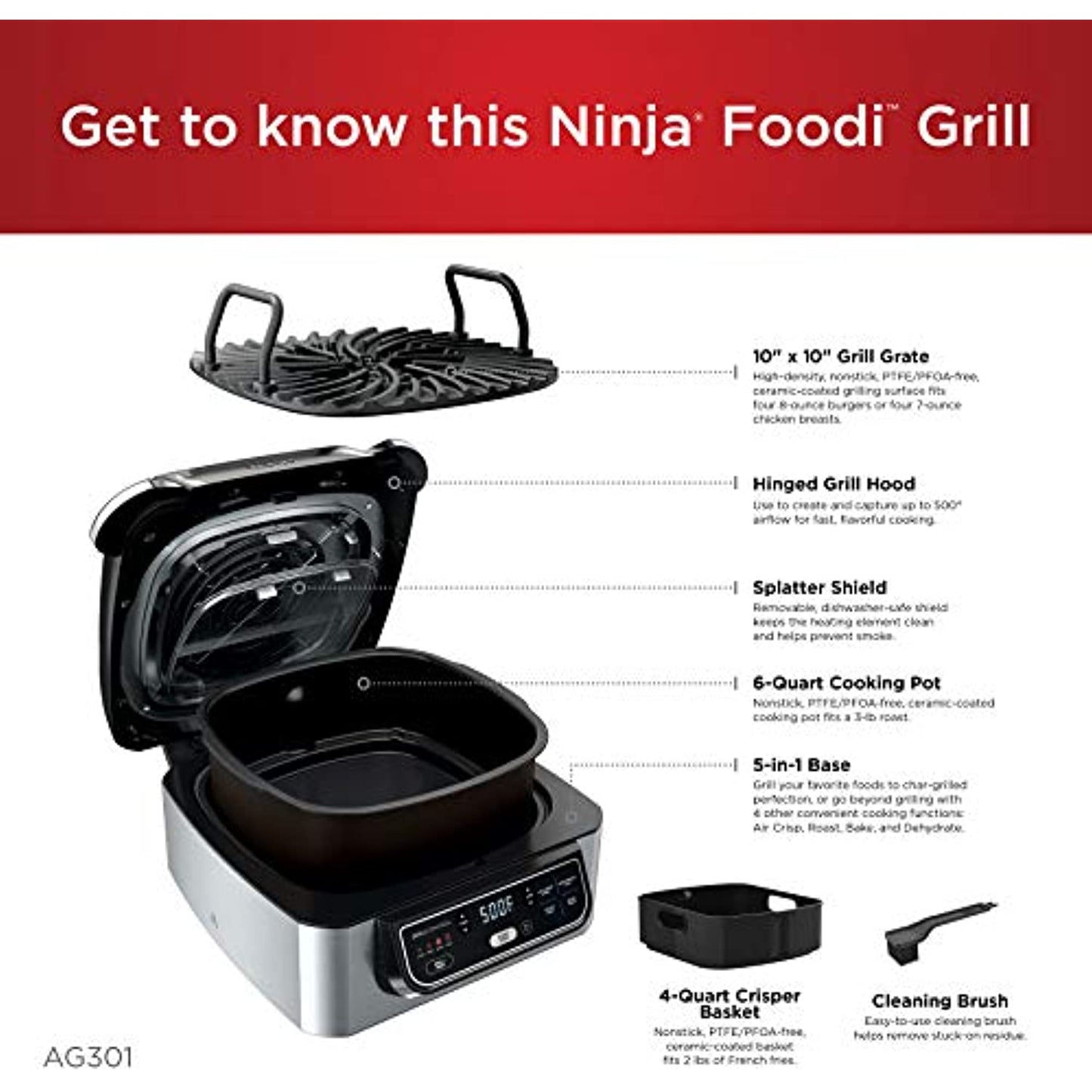 Ninja Foodi Grill/Air Fry, Surround Searing, 500 High Density Grate- New