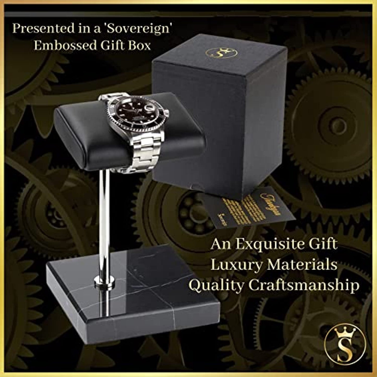 Watch Stand - Black Leather & Marble Watch Stand with Gift Box