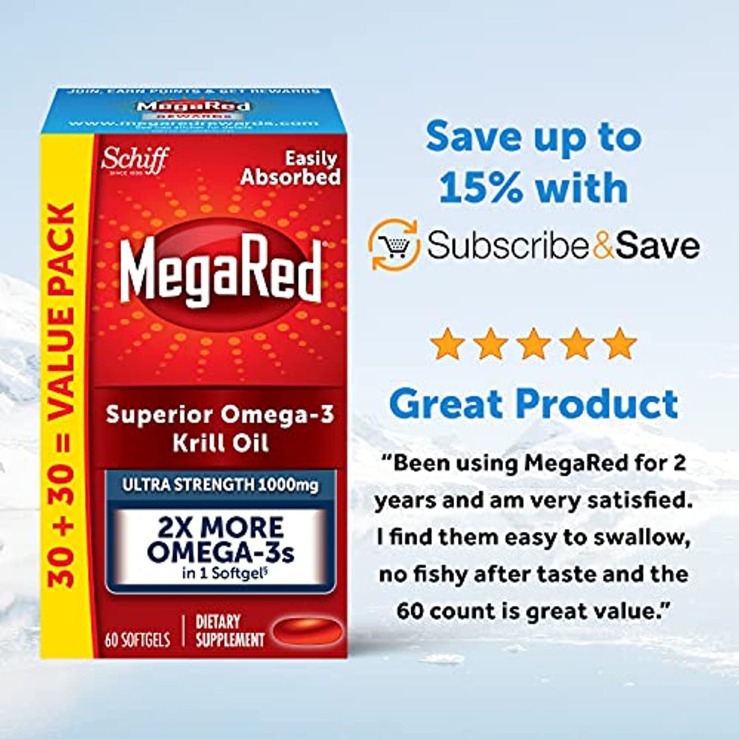 MegaRed Omega-3 Krill Oil Ultra Strength, 1000 mg, 60 CT EXP 10/22 No Box