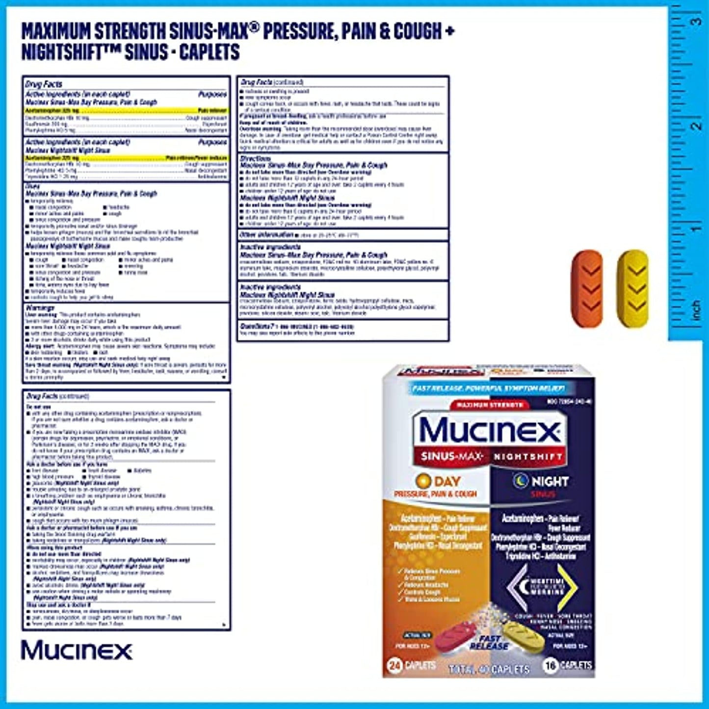 Mucinex Maximum Strength Sinus-Max Pressure, Pain & Cough & Nightshift Sinus Caplets, Fast Release, Powerful Multi-Symptom Relief, 40 Count