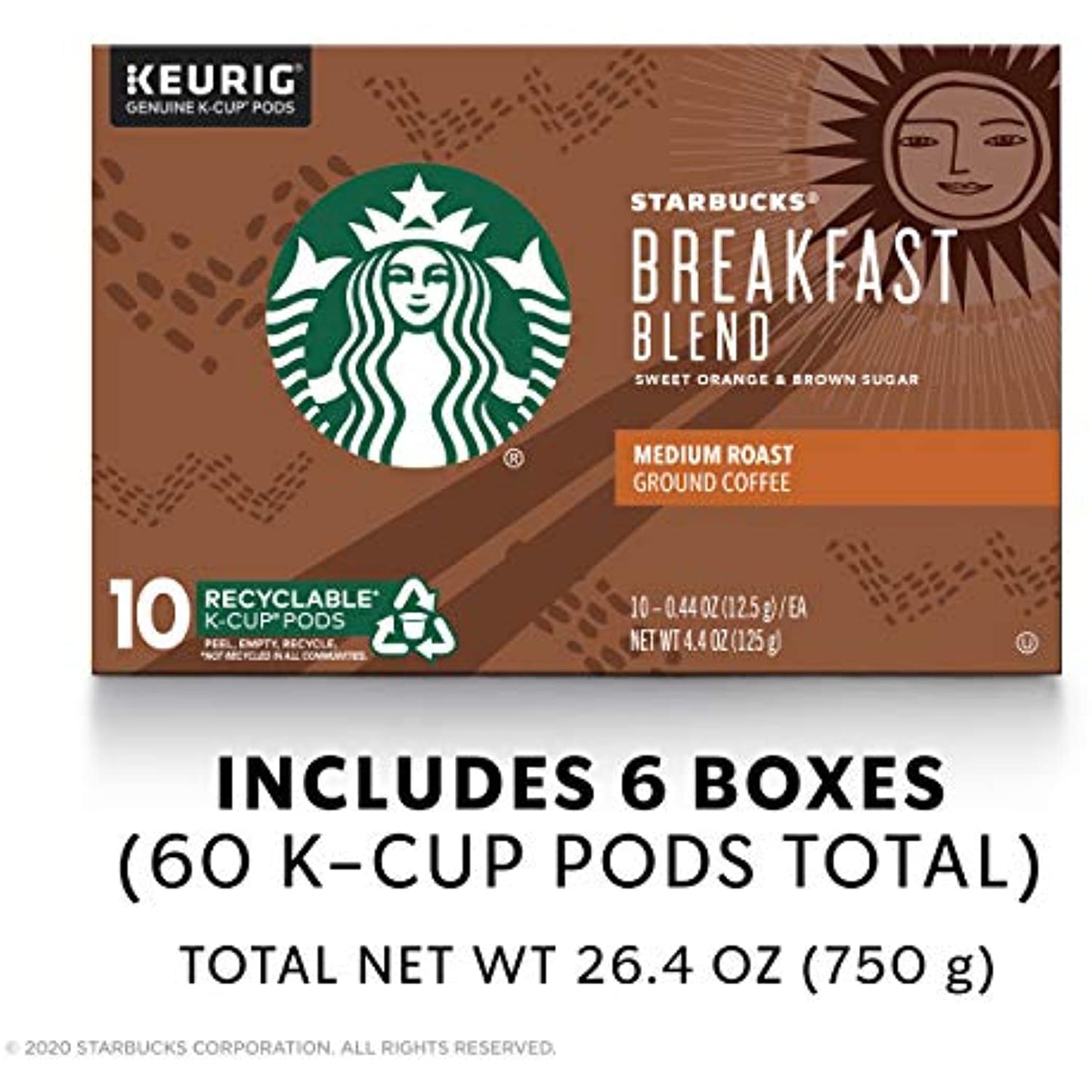 Starbucks Medium Roast K-Cup Coffee Pods  Breakfast Blend for Keurig Brewers  6 boxes (60 pods total)