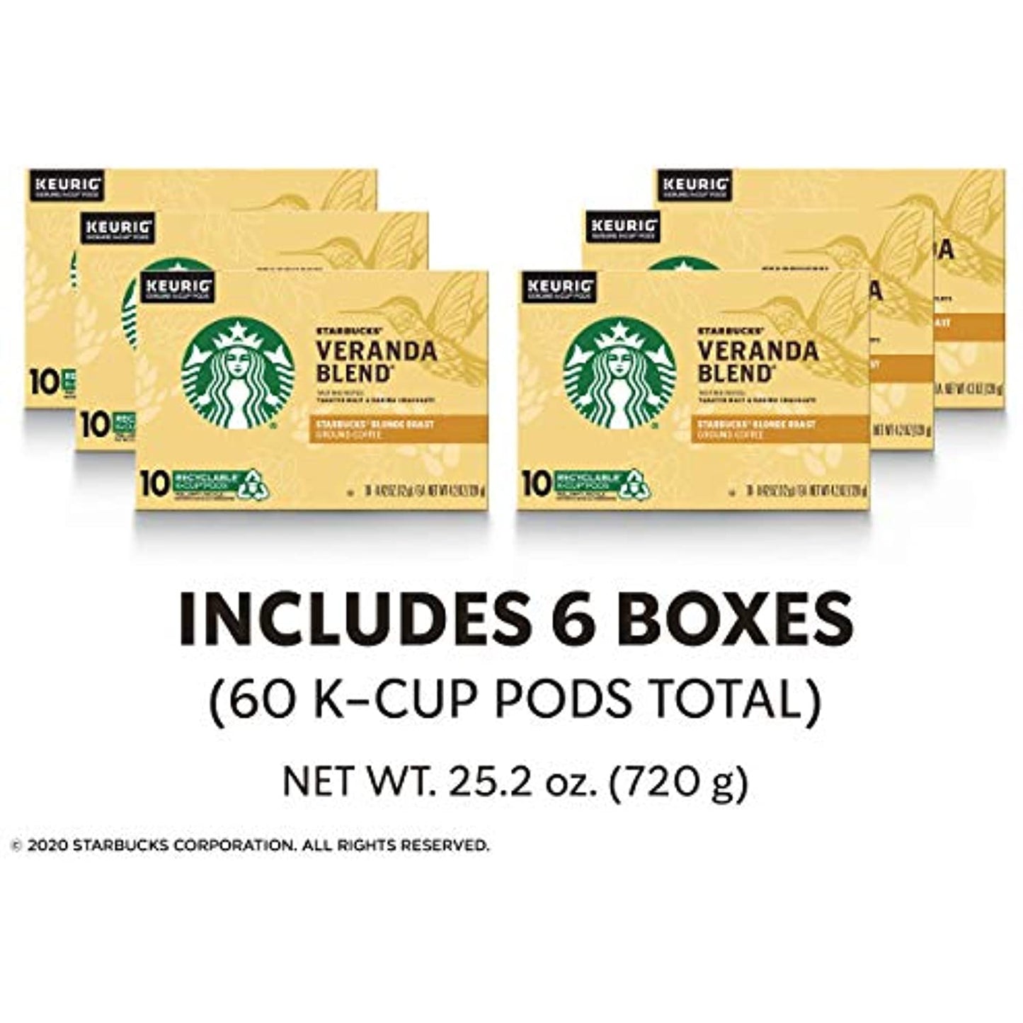 Starbucks Blonde Roast K-Cup Coffee Pods  Veranda Blend for Keurig Brewers  6 boxes (60 pods total)