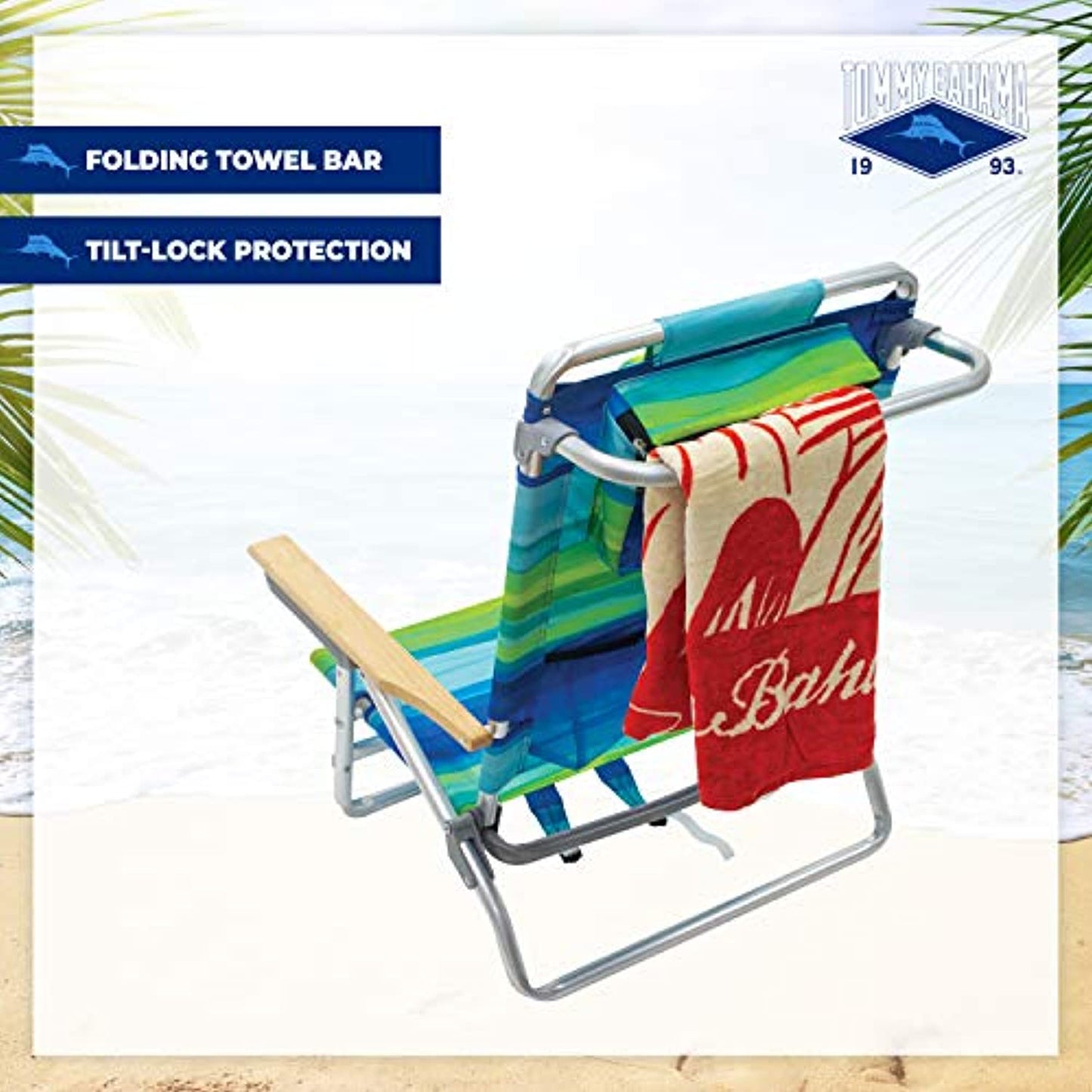 Tommy Bahama 5-Position Classic Lay Flat Folding Backpack Beach Chair