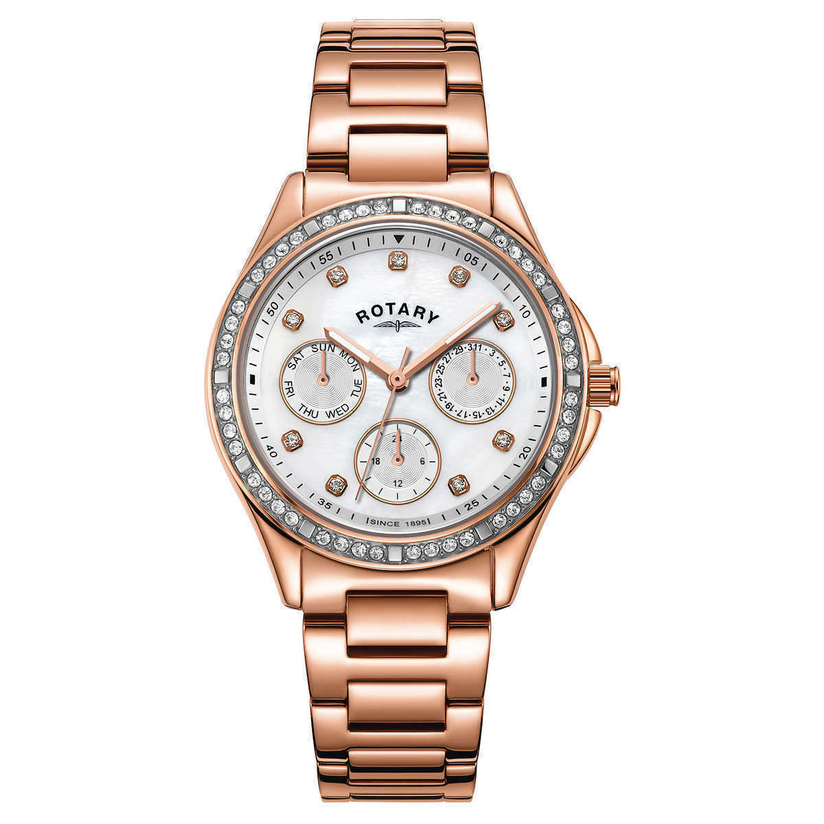 Rotary LB00069/41 Ladies Crystal Accented Rose Gold Tone Watch MOP Dial Swiss