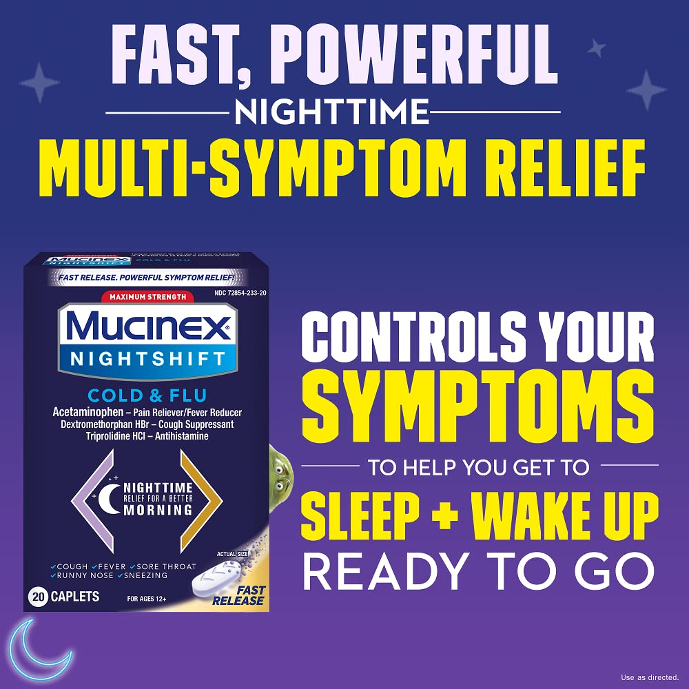 Mucinex Nightshift Maximum Strength Cold & Flu 20 Capsules exp 4/23