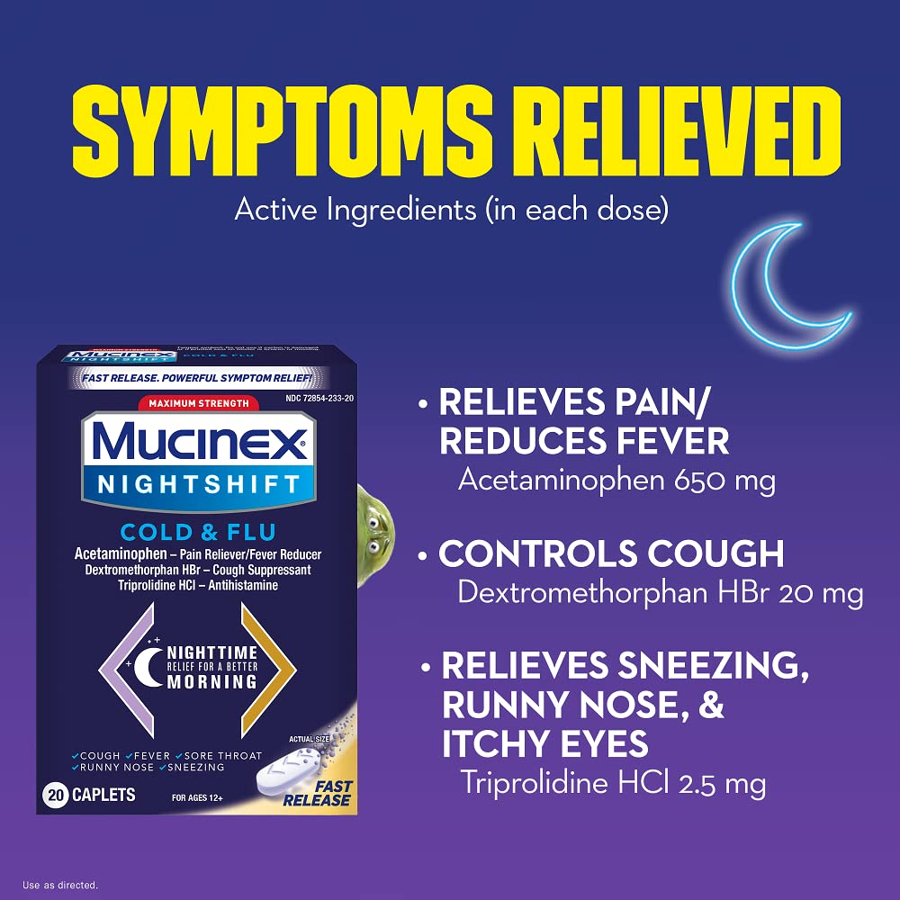 Mucinex Nightshift Maximum Strength Cold & Flu 20 Capsules exp 4/23