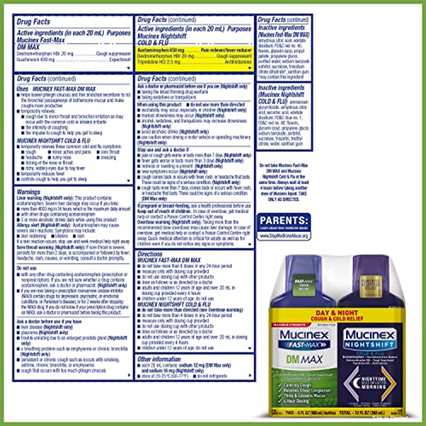 Maximum Strength Mucinex FastMax DM Max & Mucinex Nightshift Cold & Flu Liquid (2 x 6 fl. oz.) Thins & Loosens Mucus, Relieves Cough & Chest Congestion, Pain, Fever, Sneezing, Sore Throat, Runny Nose