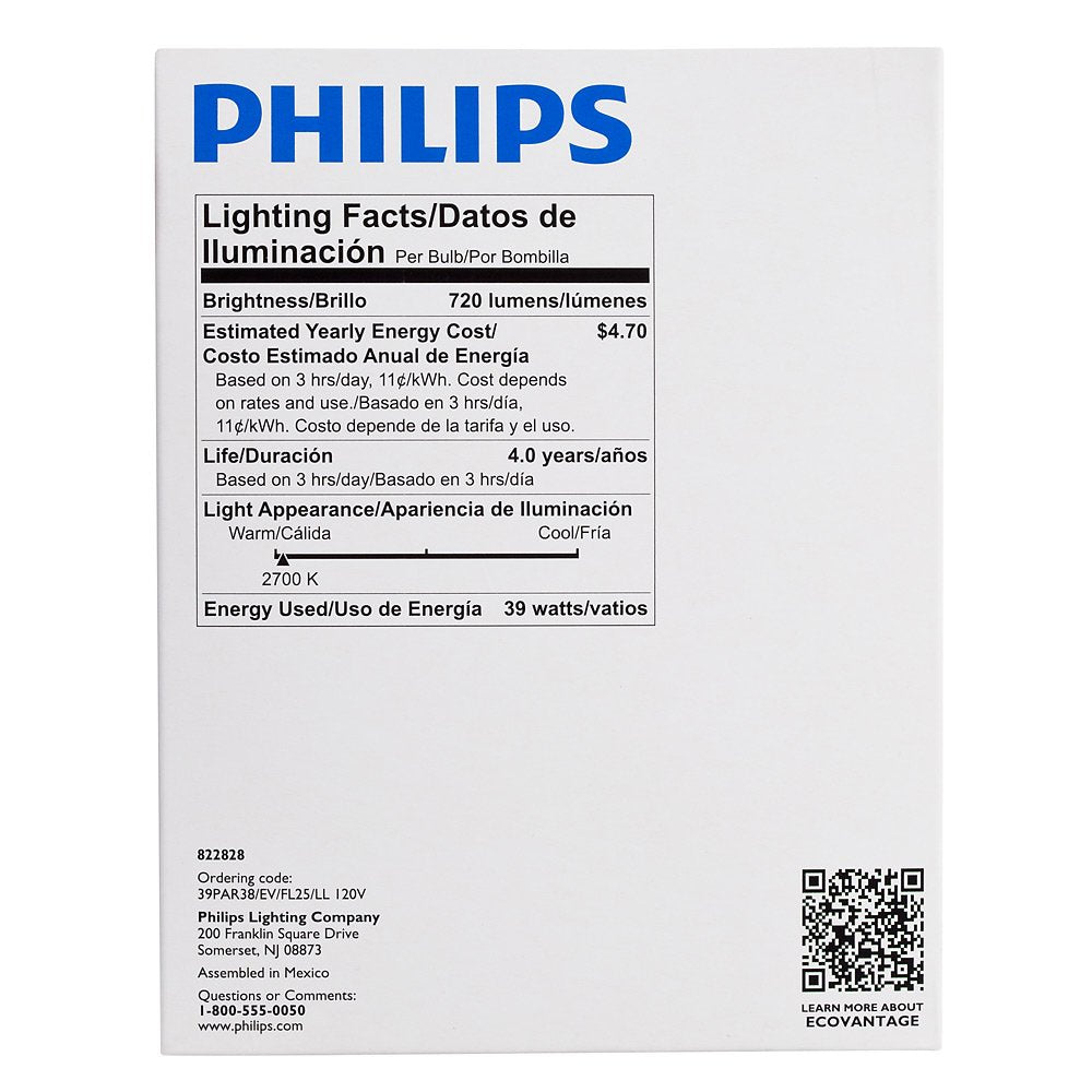 PACK OF 6 Philips 421289 Halogen PAR38 60 Watt Equivalent Dimmable Flood Standard Base Light Bulb, Long Life