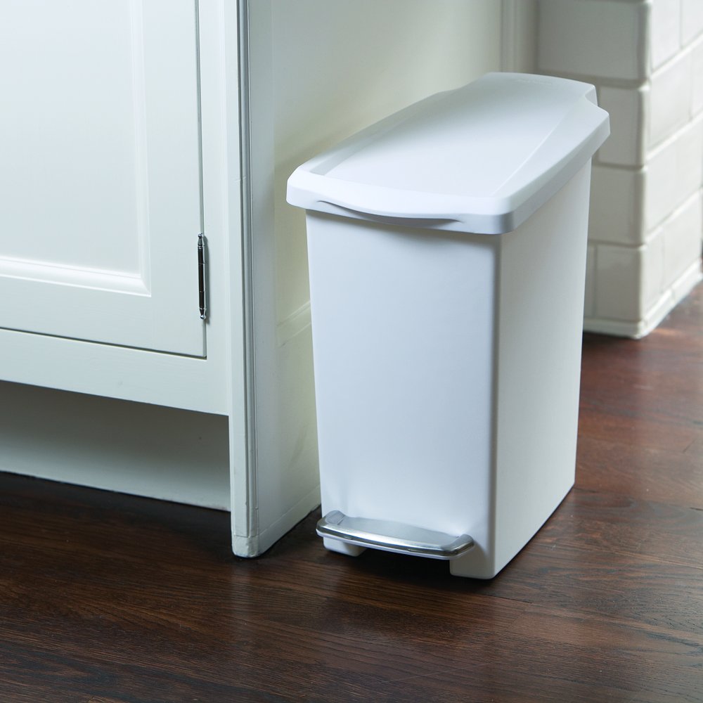 simplehuman 10 Liter / 2.6 Gallon Compact Slim Step Trash Can, White Plastic