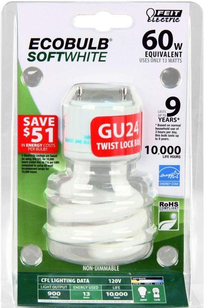 LOT OF 6 Feit Electric BPESL13T/GU24 900 Lumen Soft White Mini Twist GU24 CFL, Uses Up To 78% Less Energy, Compact Fluorescent, Average Life Up To 10000 Hours