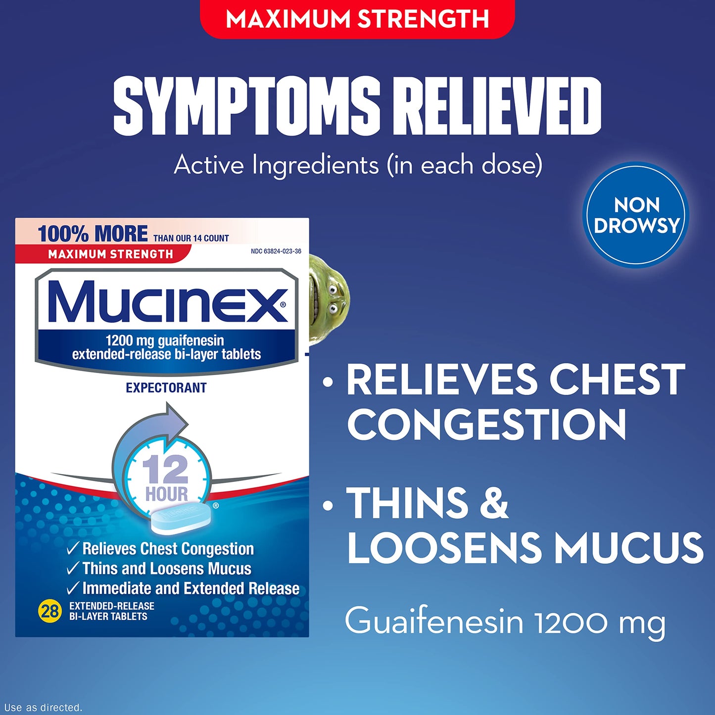 28 ct Mucinex Maximum Strength 12 Hour, 1200 mg Guaifenesin, EXP 6/2023 NO BOX