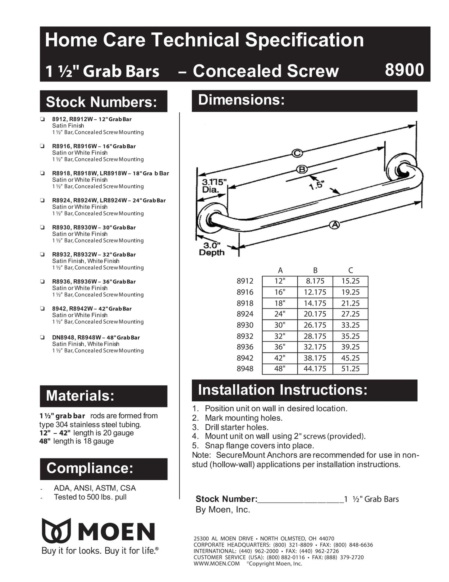 Moen R8936 Home Care 36-Inch Concealed Screw Bath Bathroom Grab Bar, Stainless