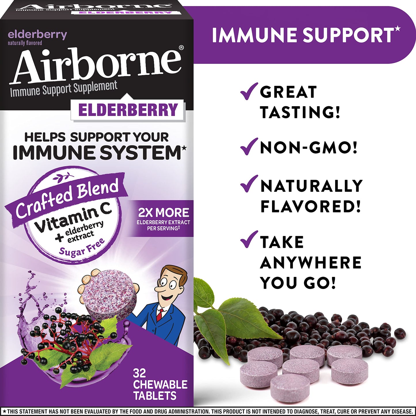 2 Airborne Immune Support Supplement Elderberry Flavor 32 Chew Tablets exp 6/23