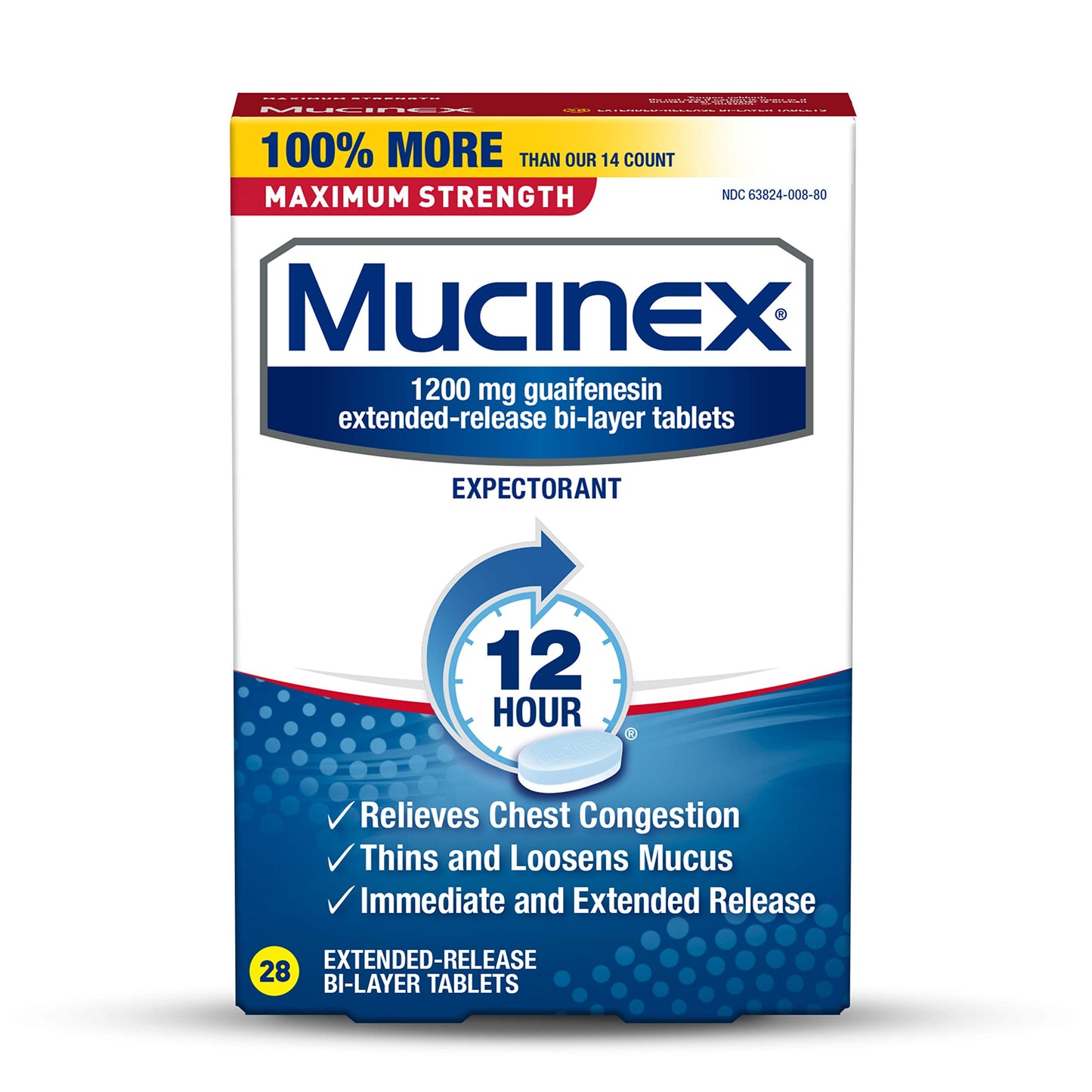 28 ct Mucinex Maximum Strength 12 Hour, 1200 mg Guaifenesin, EXP 6/2023 NO BOX