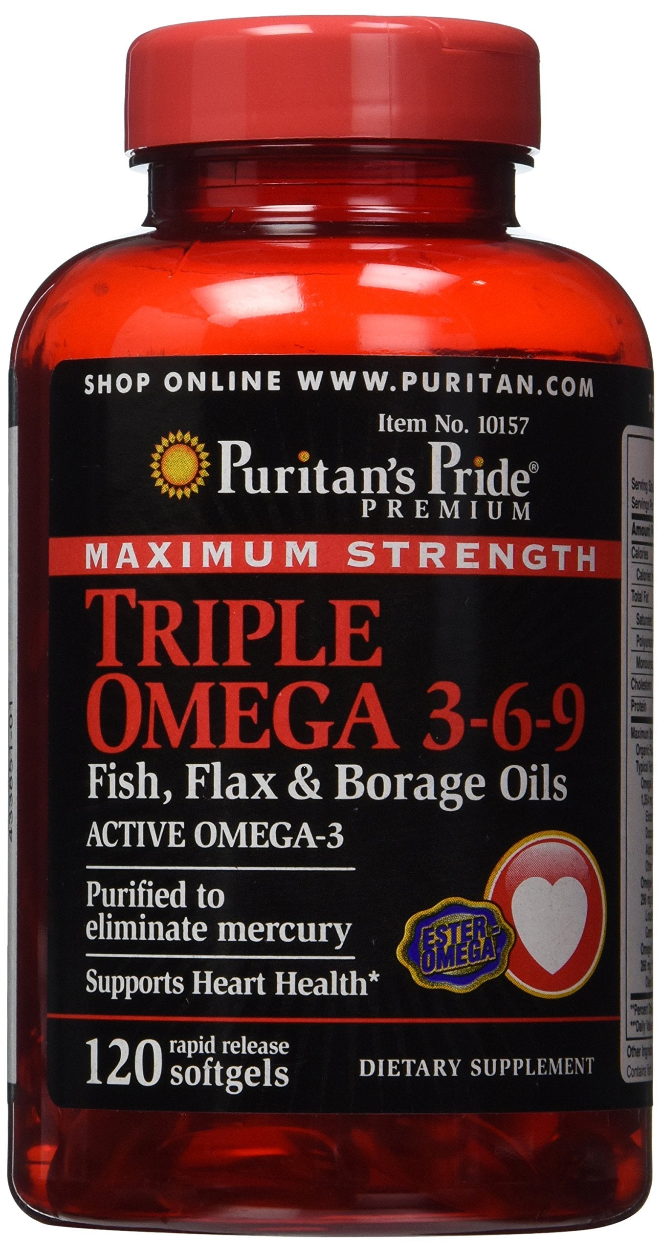 Puritan's Pride Maximum Strength Triple Omega 3-6-9 Fish, Flax & Borage Oils-120 Softgels