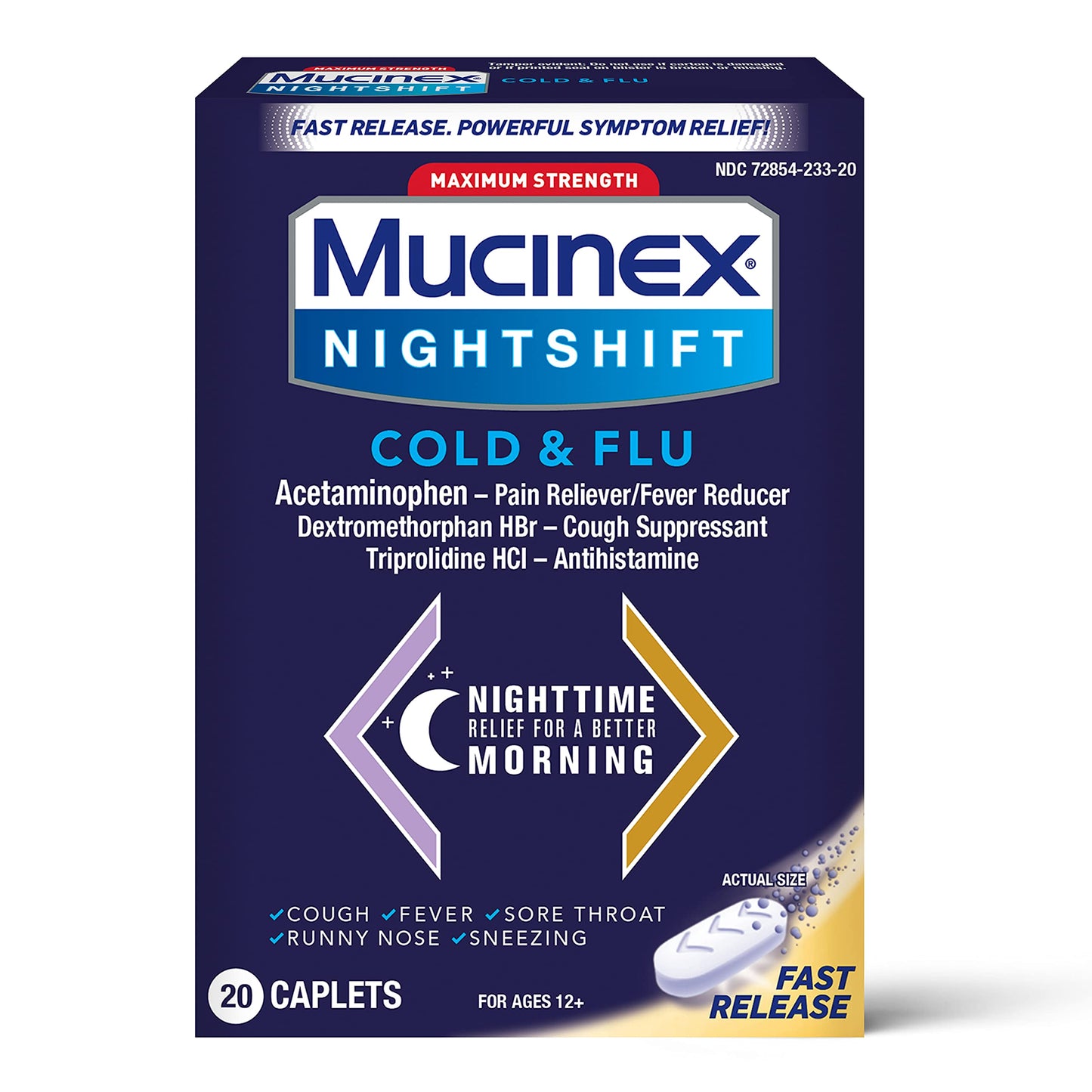 Mucinex Nightshift Maximum Strength Cold & Flu 20 Capsules exp 4/23