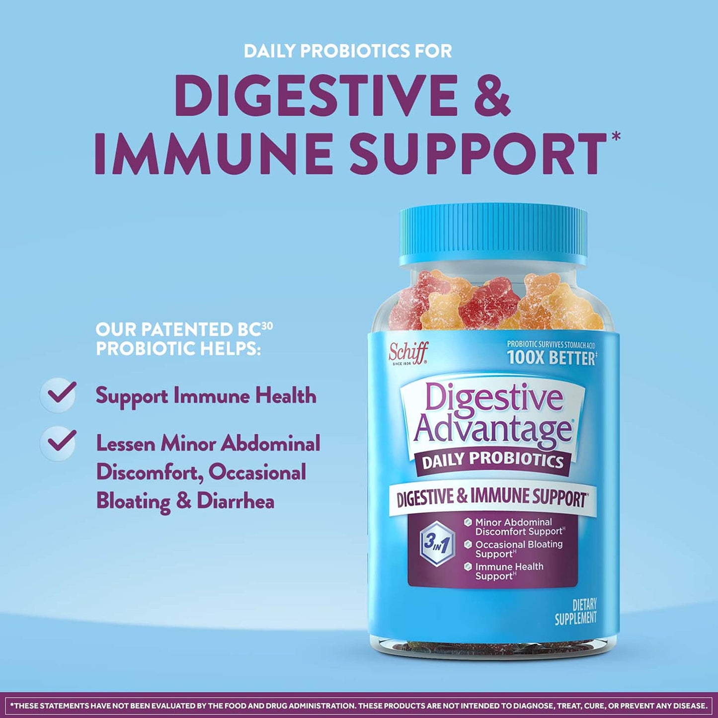 Schiff Digestive Advantage Fruit Flavors Blend Probiotic, 80 Gummies, EXP 6/2023