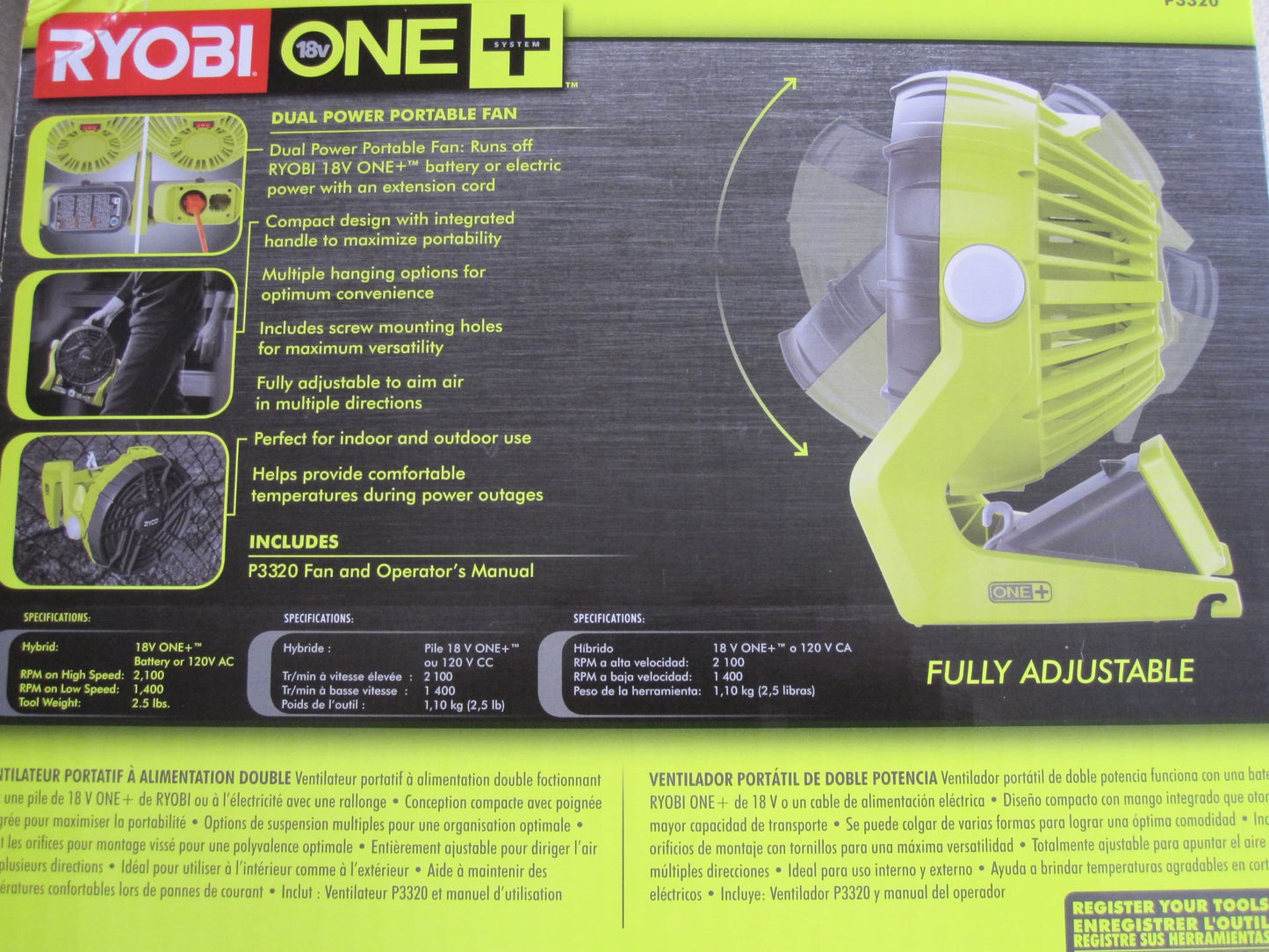 Ryobi P3320 18 Volt Hybrid One+ Battery or AC Powered Adjustable Indoor / Outdoor Shop Fan (Battery and Extension Cord Not Included / Fan Only)