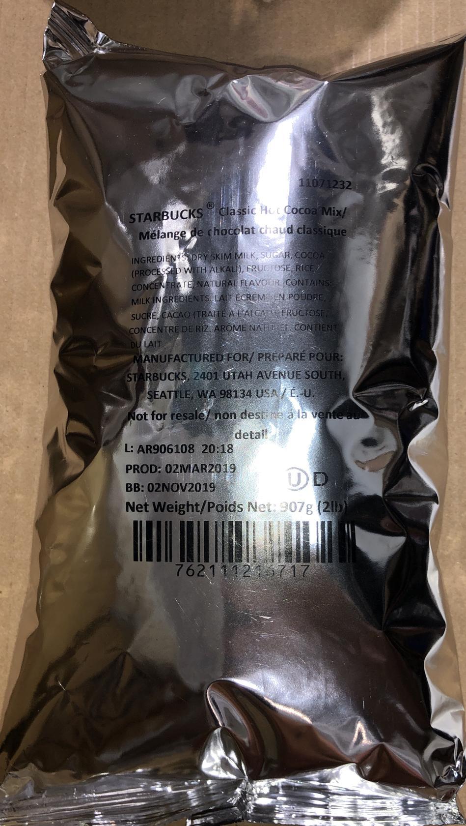 12 LBS Starbucks Classic Hot Cocoa Mix Commercial Bag/Envelope Best By 11/2019