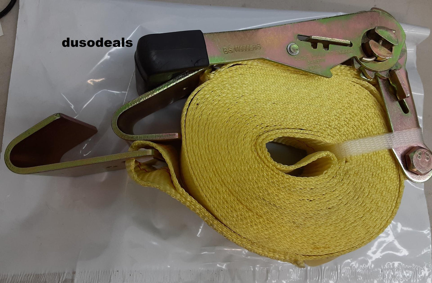 2" x 50' Yellow Ratchet Strap w/ Black Flat Hooks; BS: 10000 lbs