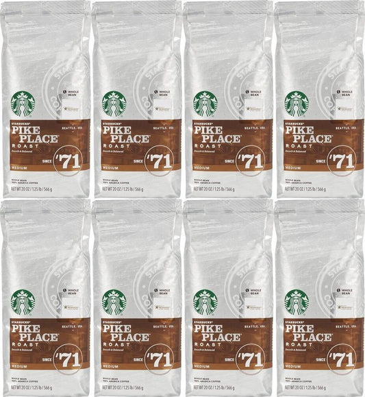 Pack of 8, 10 LBS Starbucks Pike Place Medium Roast Whole Bean Coffee 20oz READ