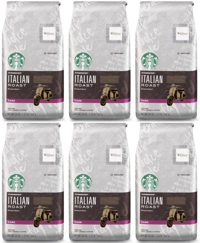 Starbucks Italian Roast Coffee, Dark Roast, Ground Coffee, 6 Bags, 20oz, 12/2020