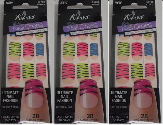 Kiss Nail Dress 28 Fashion Strips, 56700 Multi Color (Lot of THREE) NEW