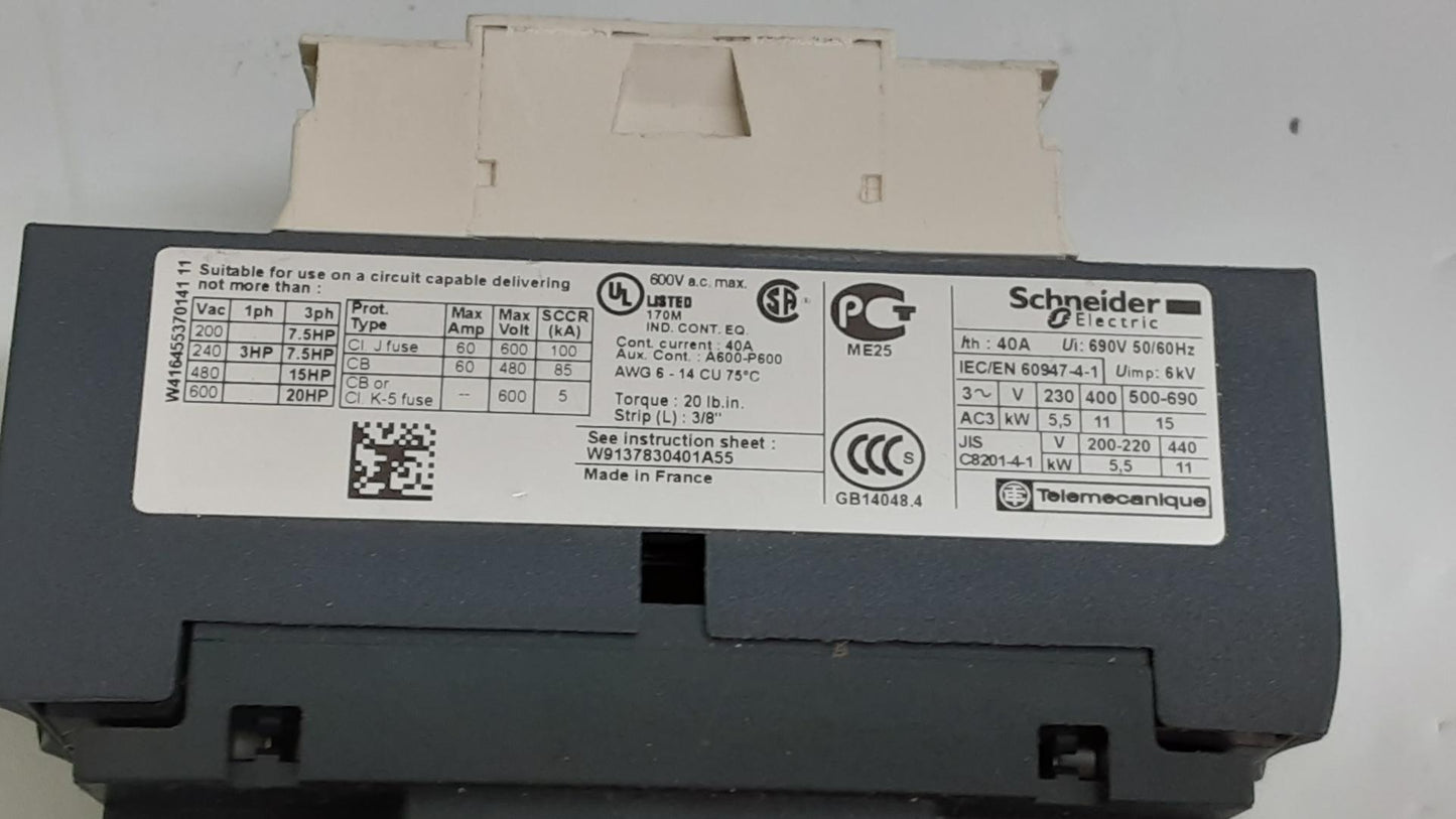 Schneider Electric LC1D25 (600V Max) 40A 690V 50/60Hz P-Me25 UL Listed