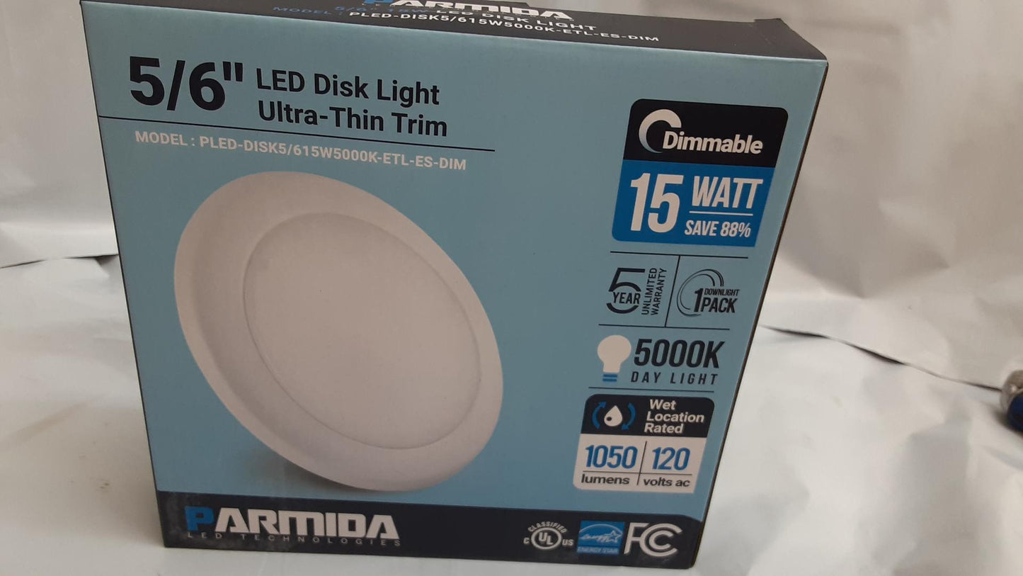 Parmida 5/6" LED Disk Light Ultra Thin (Dimmable- 15W) 5000K, 12PACK (Missing 1)