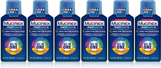 Lot of 6 Mucinex Fast-Max Maximum Strength Night Time Cold And Flu Liquid -6oz