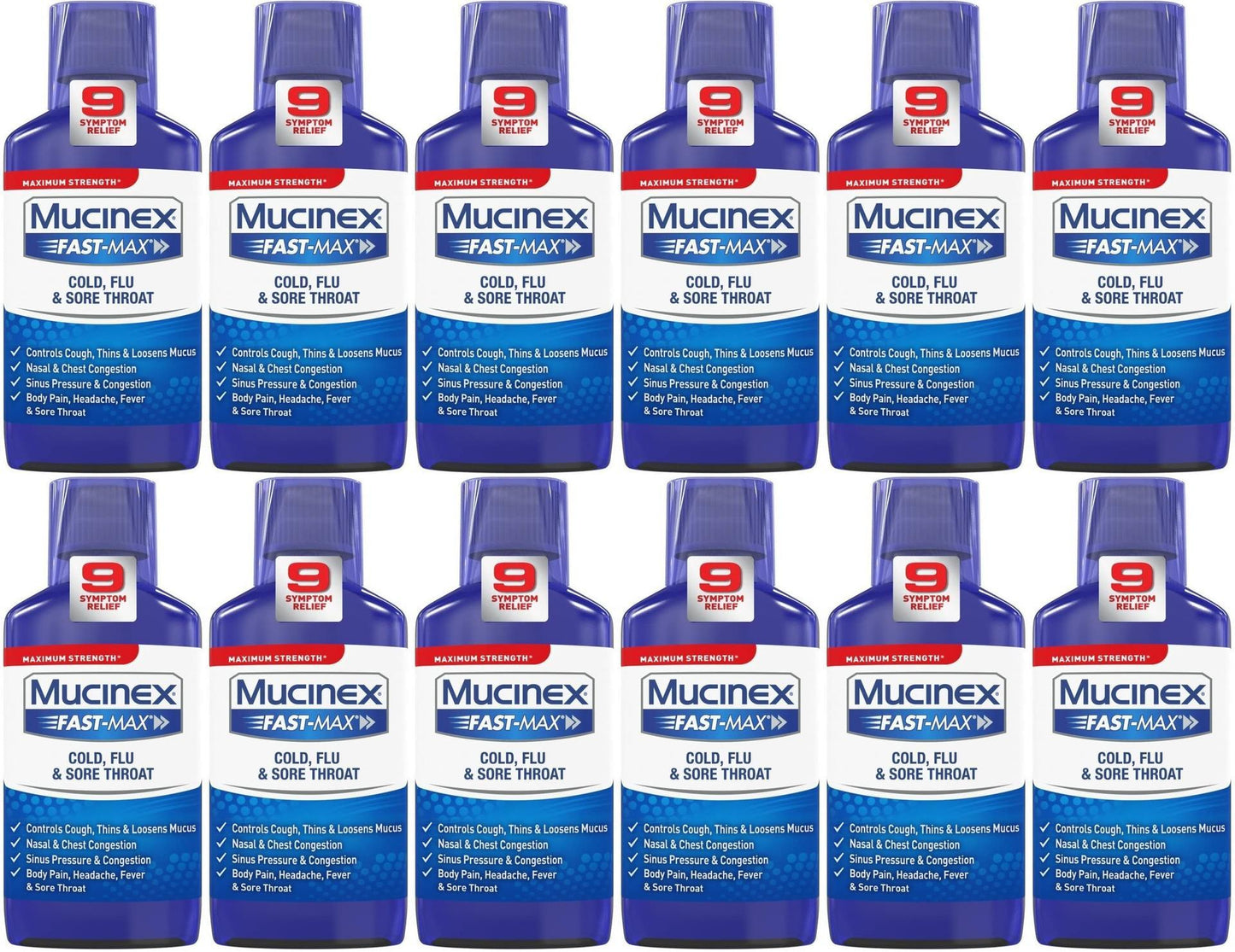 12 Pack Mucinex FastMax Cold Flu Sore Throat Relief Liquid Fluid Ounce, 6 Fl Oz