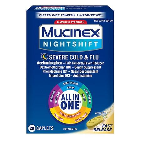 Mucinex Nightshift Severe Cold & Flu Caplets - 20ct Exp 2/23