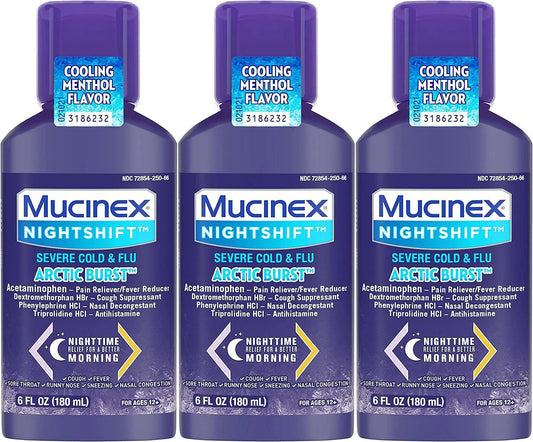 3 - 6oz Mucinex Nightshift Severe Cold & Flu Artic Burst 6oz Exp 9/2023