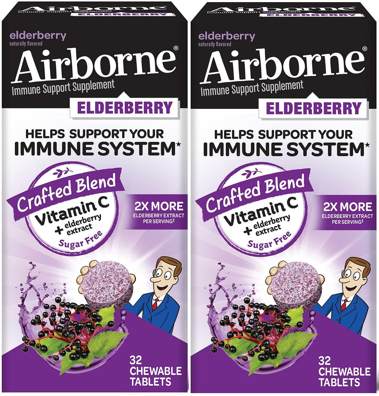 2 Airborne Immune Support Supplement Elderberry Flavor 32 Chew Tablets exp 6/23